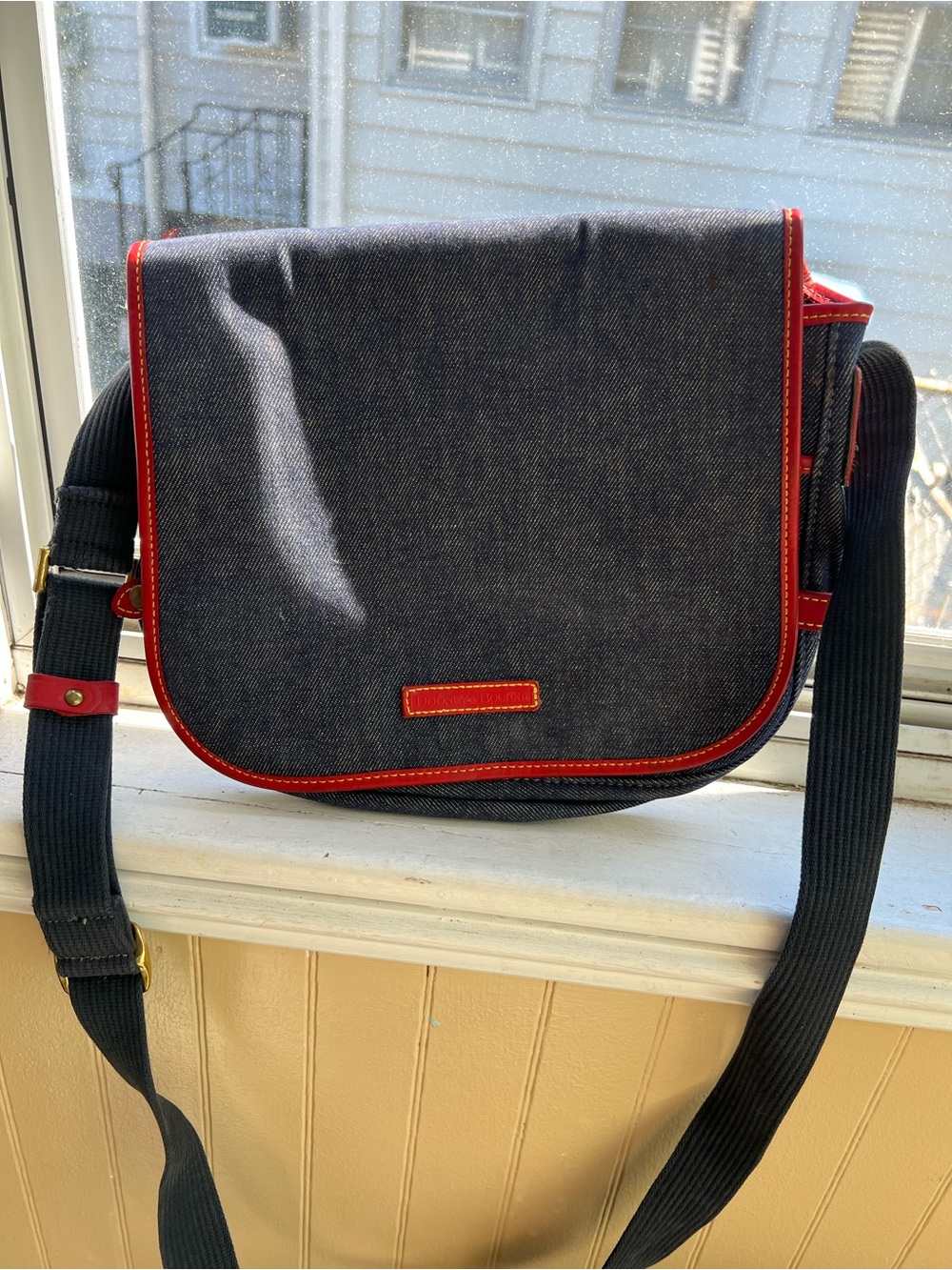 Dooney & Bourke Navy Canvas Shoulder Bag with Red Trim